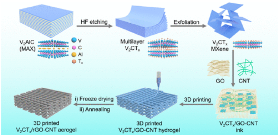 郑州大学Ye Wang课题组 3D打印V₂CTₓ rGO CNT MXene微网格气凝胶用于具有高容量的稳定钠金属负极