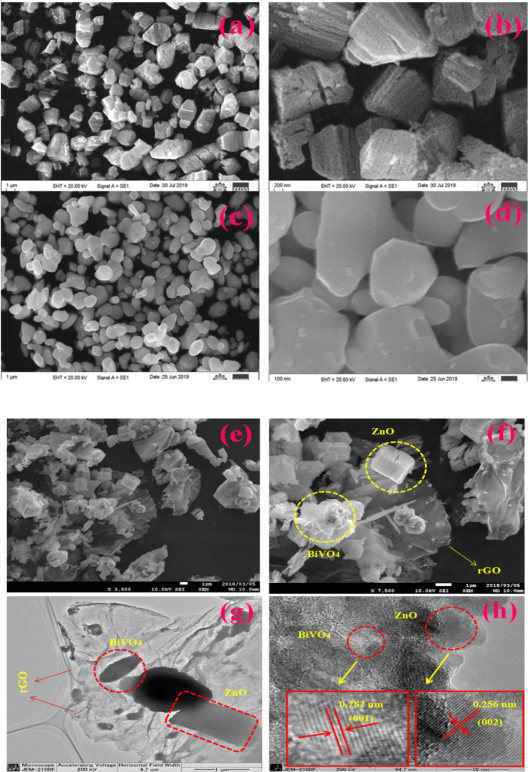 d,rgo-bivo-zno(e-f)的fe-sem图像和rgo-bivo-zno(g-h)的tem图像